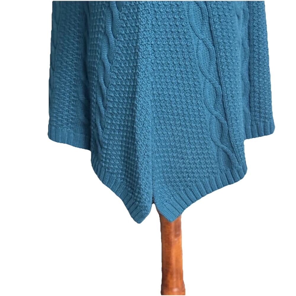 Jeanne Pierre Teal Blue Cable Knit Asymmetrical Hem Tunic Sweater Size Medium - Picture 3 of 11